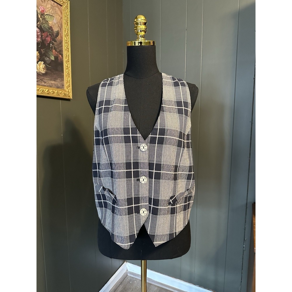 Windridge Vintage Navy Blue White Plaid Gingham‎ Floral Vest Top L Large